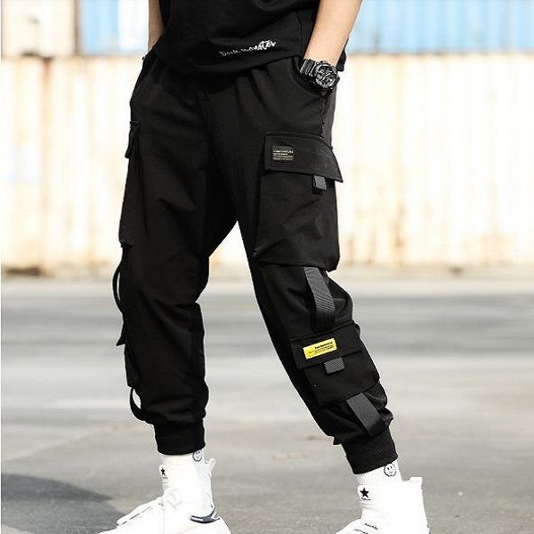 

mens multi pockets cargo harem pants hip hop casual male joggers trousers fashion harajuku men streetwear, Black