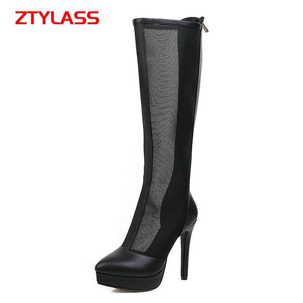 

summer women knee high boots hollow thin heel breathable mesh fashion zipper platform shoes black