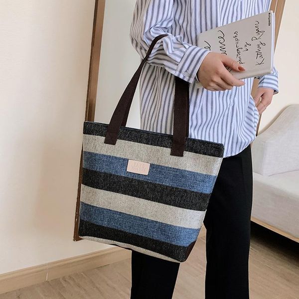

evening bags classic zipper shoulder canvas high capacity tote student simplicity handle bag check stripe women's handbags