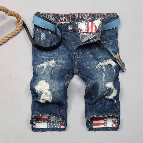 

men's jeans youth fashion stickers decorated brand spring and summer men's denim shorts straight hand-worn cuffed five pants men u, Blue