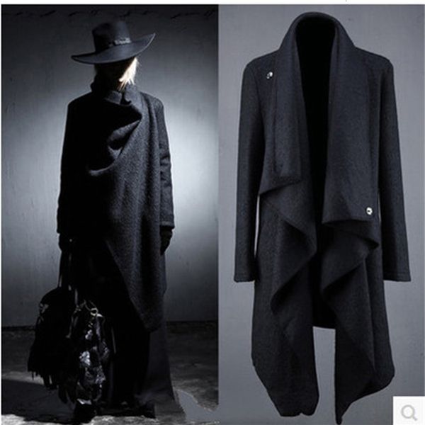 

wool irregular men mid-length jacket male version of korean fashion personality trench coat show zxiy, Black