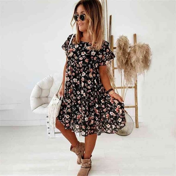 

casual floral print summer boho short sleeve woman female loose ruffles mini dresses for women 2021 robe femme, Black;gray
