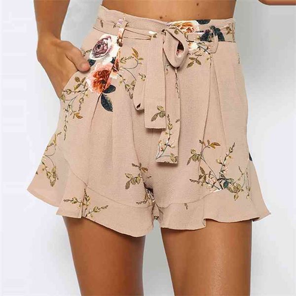 

stylish women clothes bandage pocket high waist boho casual polyester floral print beach summer shorts one pieces 210607, White;black
