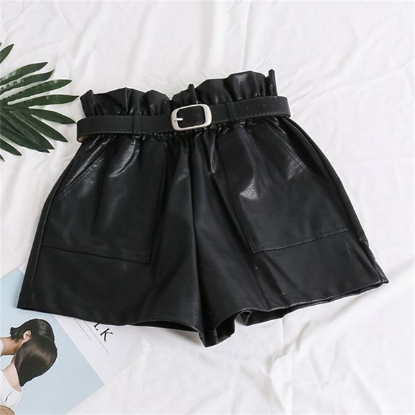 Elastic High Waist Solta Pu Couro Shorts Mulheres Inglaterra Estilo Sashes Largo Perna Senhoras Short Sexy Outono Inverno 210714