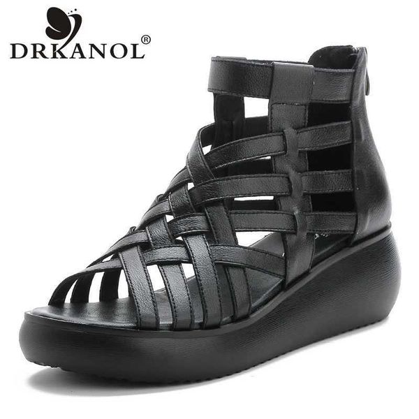 

drkanol genuine leather summer shoes wedges sandal gladiator sandals vintage open toe cross platform sandals female 210624, Black