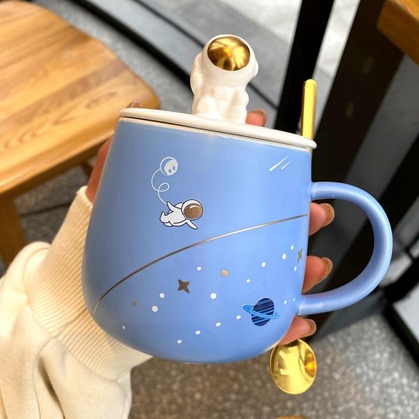 

mugs cartoon astronaut cup with lid and spoon ceramic mug coffee milk pink blue color