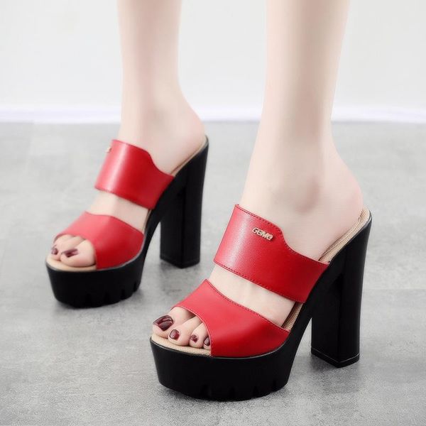 

slippers fish mouth sandals and thick with high heel fashion wild waterproof platform flip flop large small size 32-43, Black