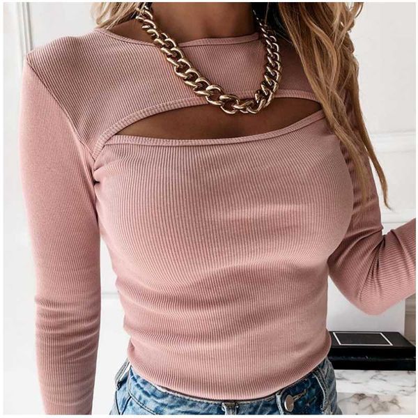 

women's t-shirt 2021 spring autumn long-sleeved round neck solid color fashion hollow knitted sweater female pullover top, White