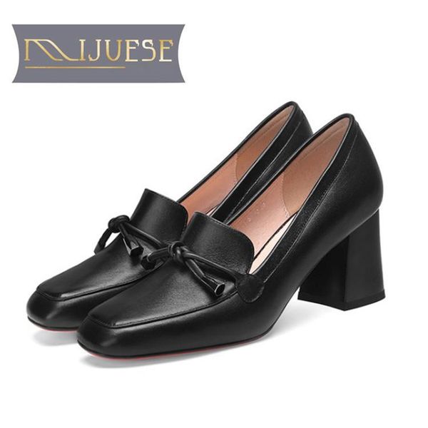 

women pumps autumn spring cow leather square heel slip on black color high heels lady shoes party dress wedding