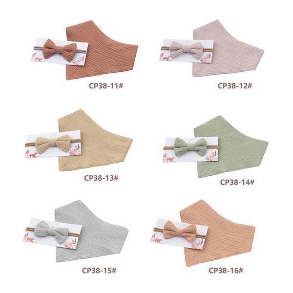 

bibs & burp cloths 2021 baby girls elastic bow headband saliva towel set born toddler bowknot hair band bib kit pure cotton solid color