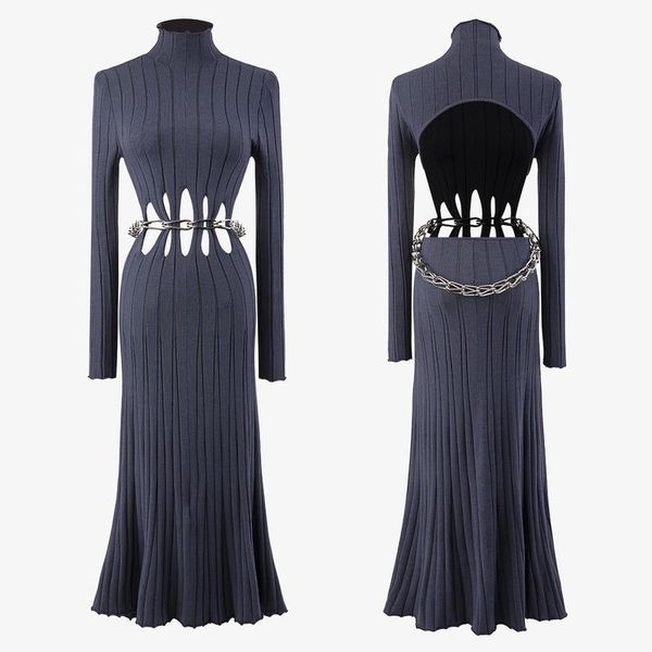 

casual dresses long sleeve dress turtleneck feminine metal chain hollowed out waist big open back elastic rib knitted blue, Black;gray