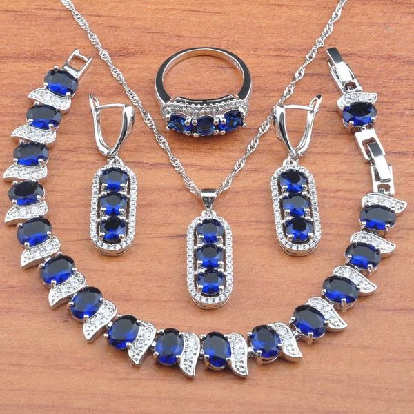 

wedding jewelry sets bridal blue crystal 925 silver for women zirconia earrings necklace pendant ring bracelets 2021 js0702, Slivery;golden