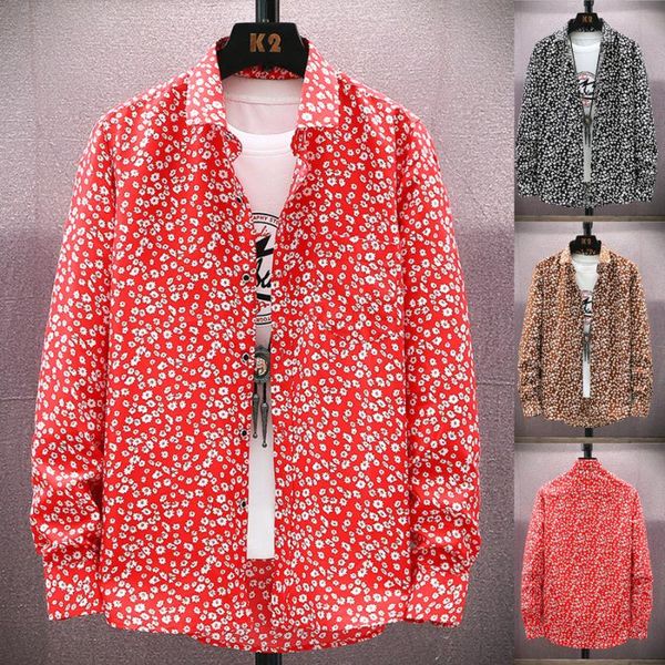 

men's casual shirts 2021 selling autumn spring mens floral print lapel long sleeve male business wedding button-down dress, White;black