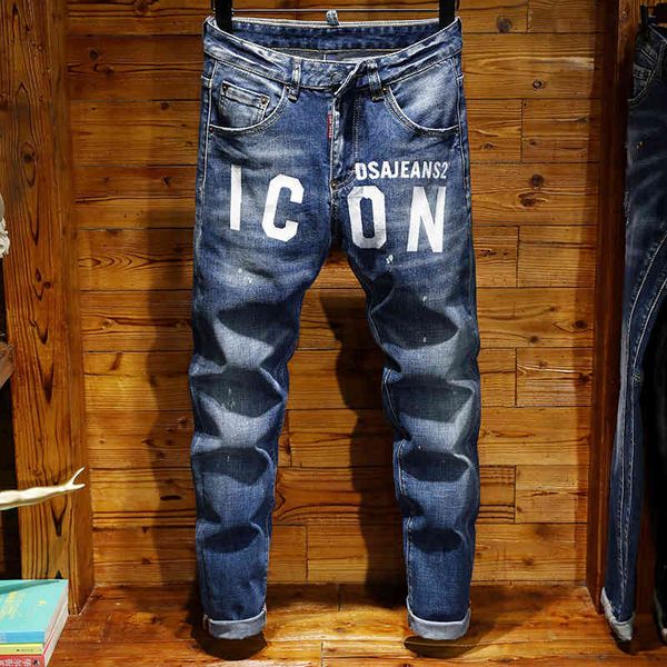 

fashion jeans spring summer embroidery stretch men's loose ripped pants retro straight trendy casual men denim, Blue