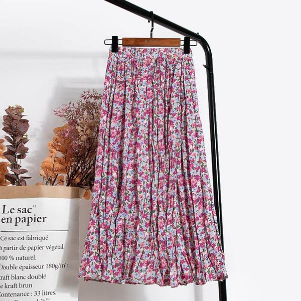 

floral print long maxi skirt women fashion 2021 spring summer high waist pleated female chiffon sun skirts, Black