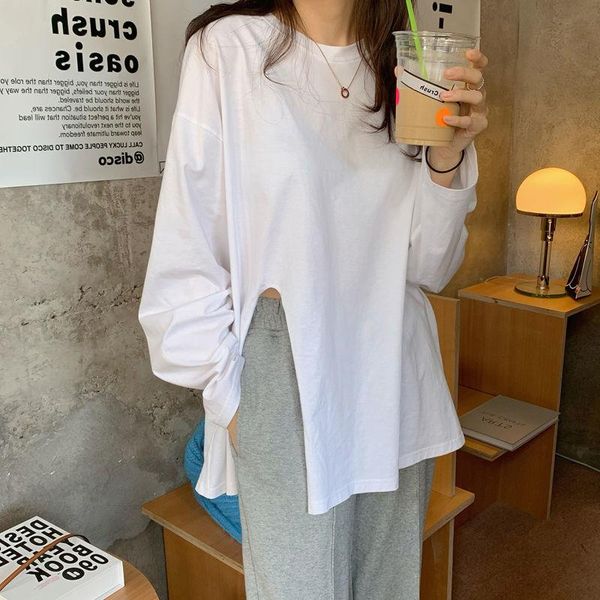 

white long sleeve t-shirt women's loose and thin round neck korean cotton base shirt split autumn winter solid color top