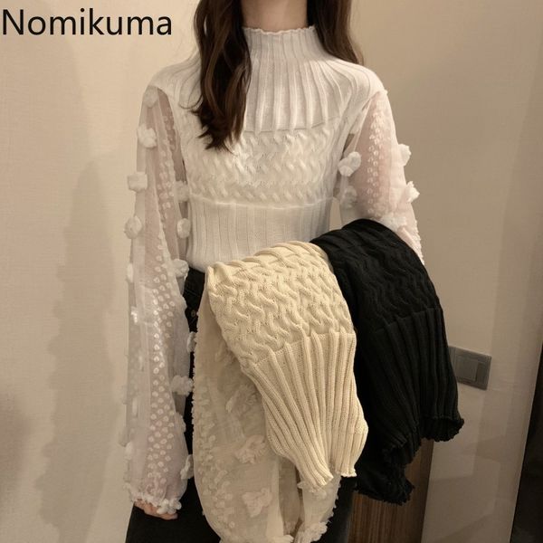 

nomikuma pull femme half turtleneck long sleeve sweater women 3d flower korean crop casual loose pullovers jumpers 210514, White;black