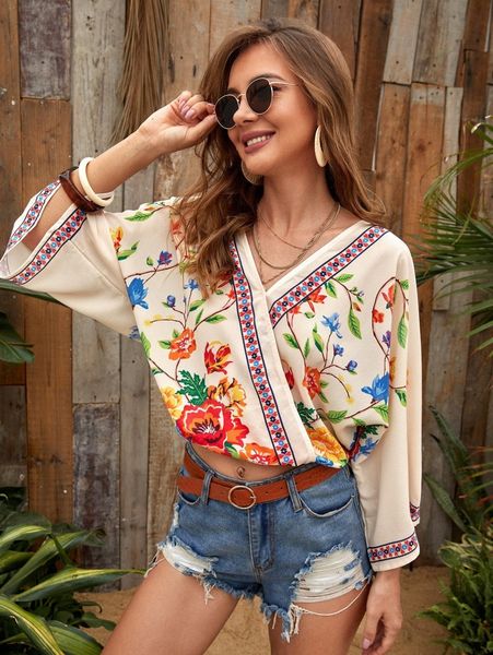 

floral print batwing sleeve wrap blouse w14s#, White