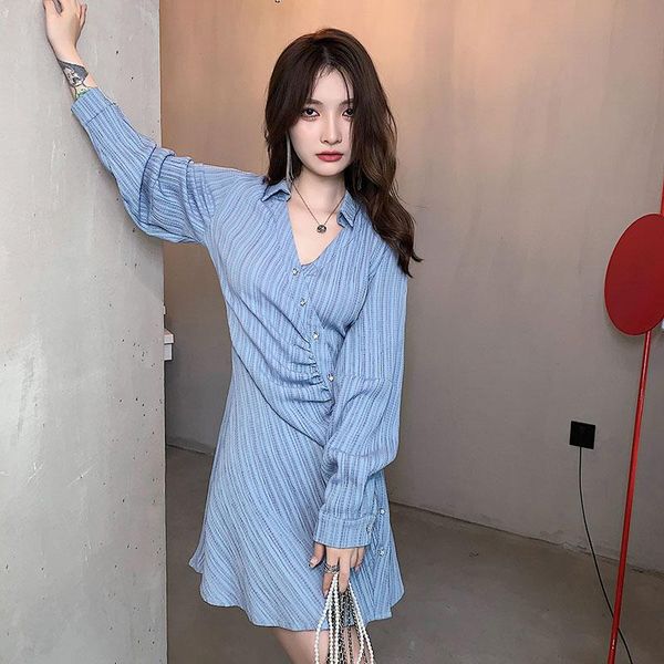 

casual dresses spring and autumn v-neck blue long sleeved dress women's waist-tight oblique placket shirt skirt single-breasted short, Black;gray