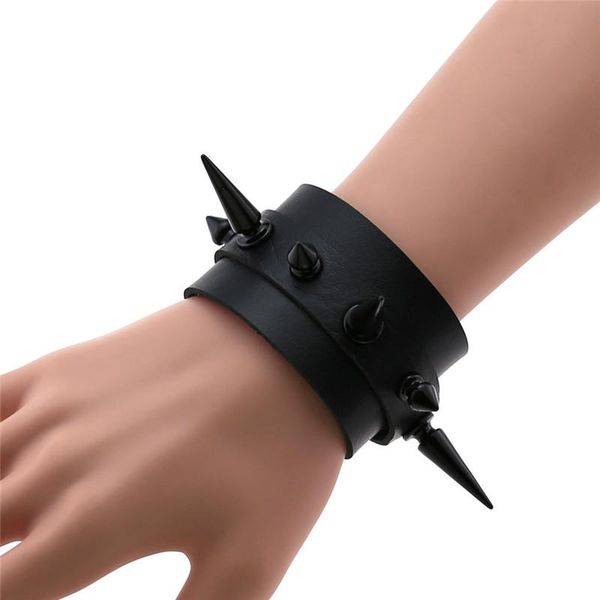 

link, chain 2021 punk gothic rock black cuspidal spikes rivet cone stud wide leather wristbands bangles fashion jewelry