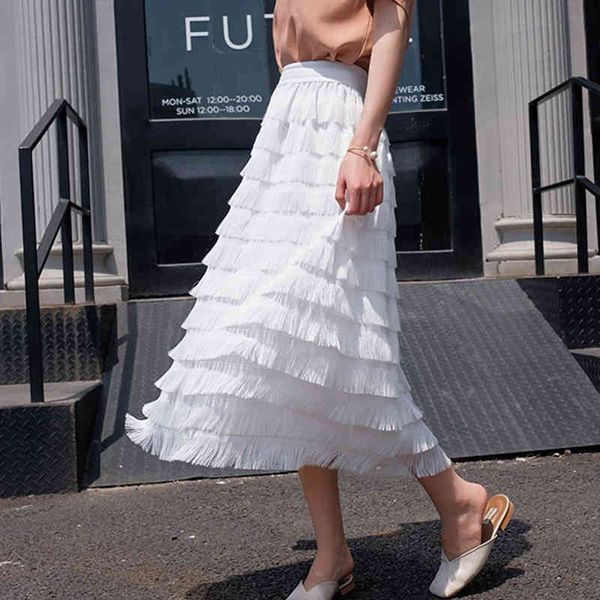 

skirts spring fashion tiered black/white tassels long women summer high elastic waist band mid-calf a-line skirt 49fz