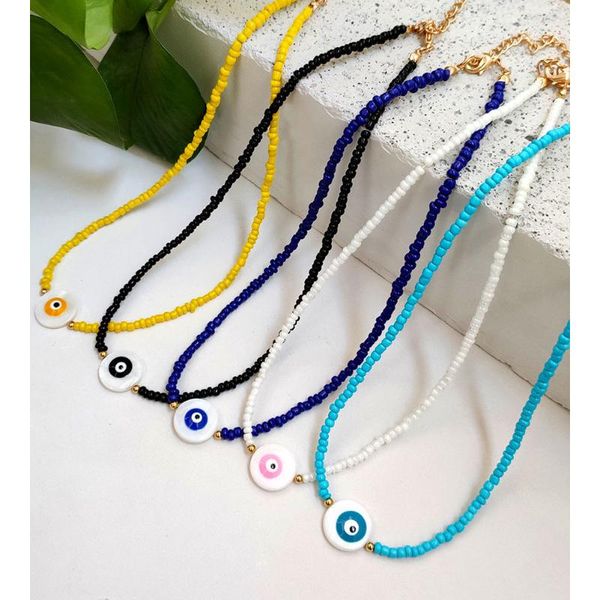 

chokers fashion colorful beaded strand evil eye round shaped choker necklaces for women acrylic resin rice bead necklace beach style, Golden;silver