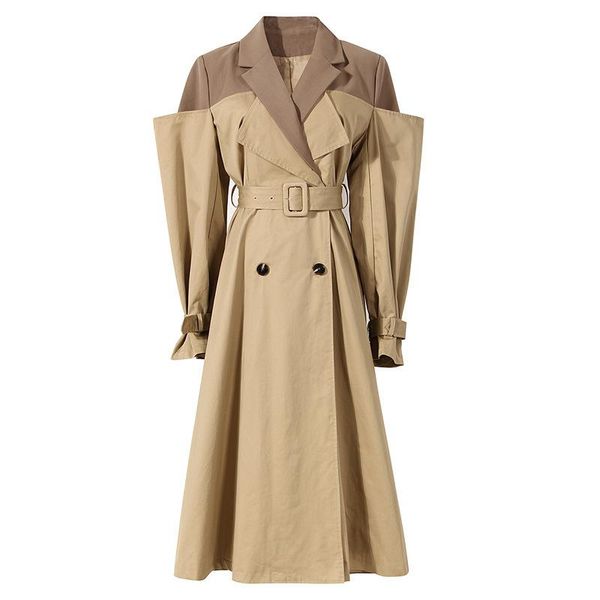 

women's trench coats [ewq] turn-down collar long outerwear loose khaki overcoat windbreaker women false 2 pieces contrast color 2021 au, Tan;black