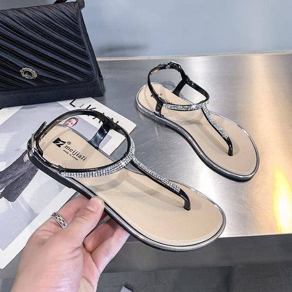 

sandals beach sandal woman luxury 2021 summer low-heeled shoes with strap suit female beige flip flops platform flat blac, Black