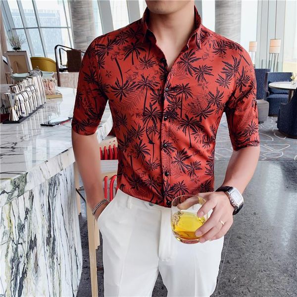

men's casual shirts 2021 summer hawaiian shirt men short sleeve print slim fit business dress clothes camisa social masculina, White;black