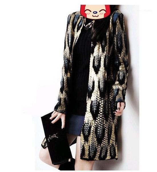 Kadın kazak toptan-sonbahar kış kadın moda altın leopar örgü kazak uzun kollu hırka coat1