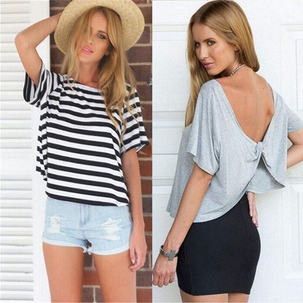 

ladies black white stripes loose pullover short-sleeved women's casual cross back irregular striped fashion t-shirt