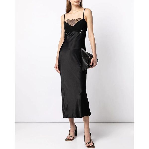 

casual dresses women elegant feminine lace stitching fake two-piece suspender midi dress for party wear, Black;gray