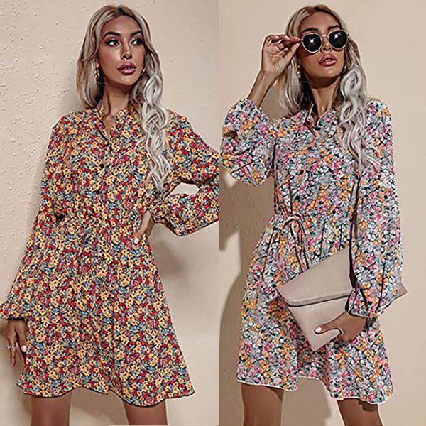 

casual dresses women bohemian flower print dress women's summer fashion long sleeve chiffon causal mid beach vestidos mujer, Black;gray