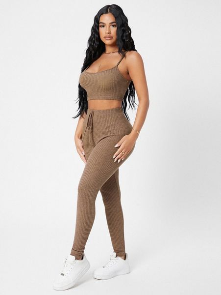 

waffle knit cami and leggings set 080t#, White