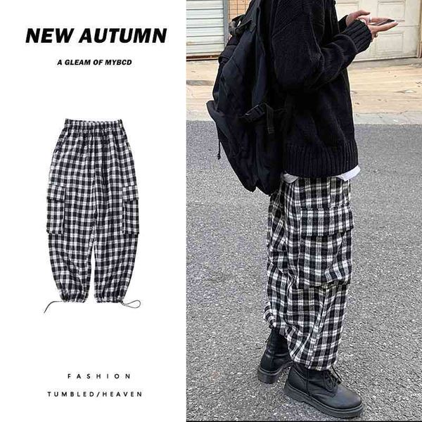 

men's pants winter thick woolen trousers warm fashion retro casual plaid men streetear korean loose straight wide leg mens t9ma, Black