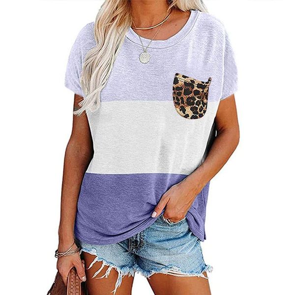 

leopard stripe t shirt women casual patchwork tee summer ladies short sleeve o neck simple t-shirt camisetas de mujer women's, White