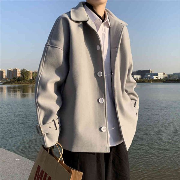 

men's wool short coat, thick, warm and loose, korean, fashionable, Black