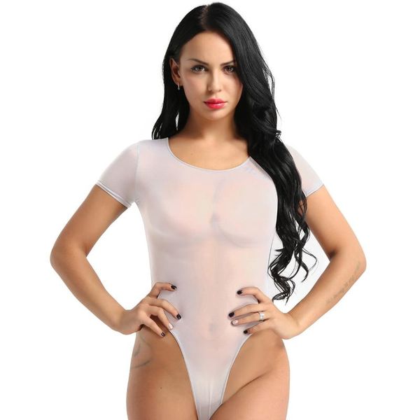 

one-piece suits women's bikini swimsuit lingerie high cut thongs bodysuit underwear mesh see through sheer short sleeveromper jumpsuit