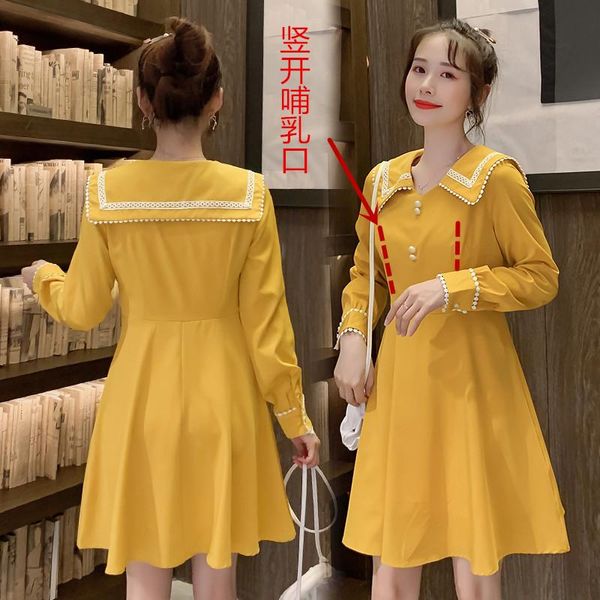 

maternity dresses 8702# nursing dress clothes spring autumn cotton long sleeves loose stylish for pregnant women lactation, White