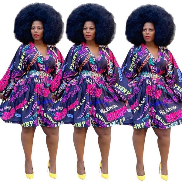 

casual dresses plus size women multicolored printing 2021 latest female v-neck lantern sleeve a line knee-length party dress xl--5xl, Black;gray