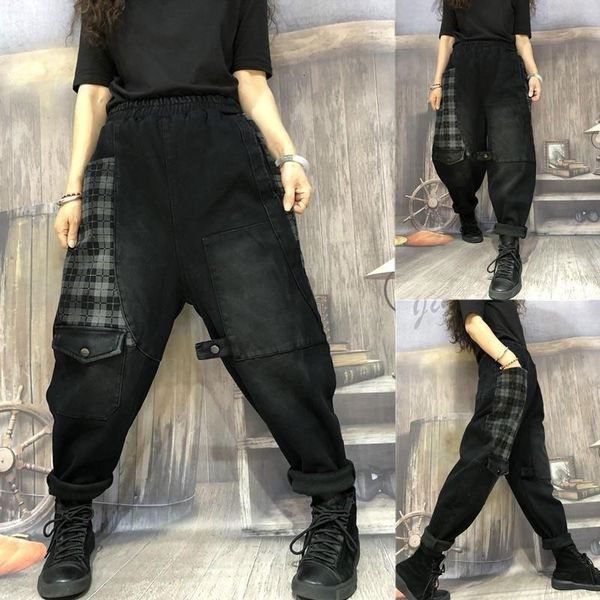

jean spring autumn arts style women elastic waist loose black jeans femme vintage patchwork plaid denim harem pants v60 w06h, Blue