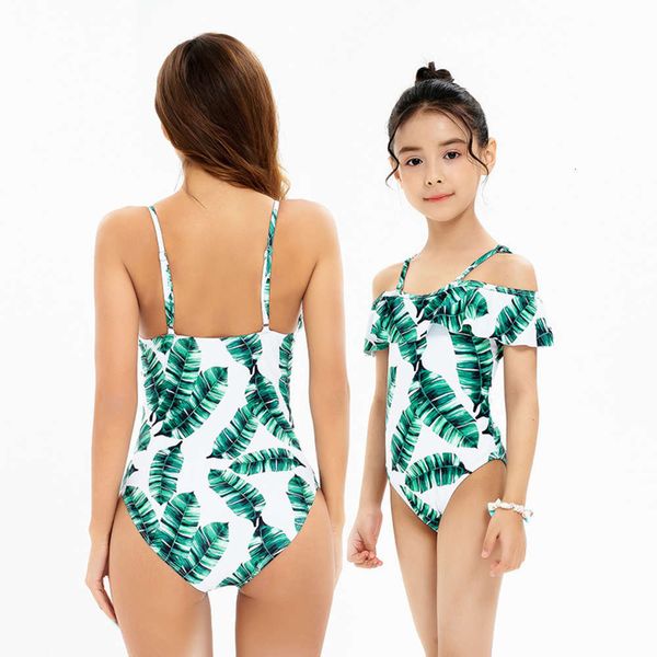 

leaf printed bikini for parent child swimming, White;black