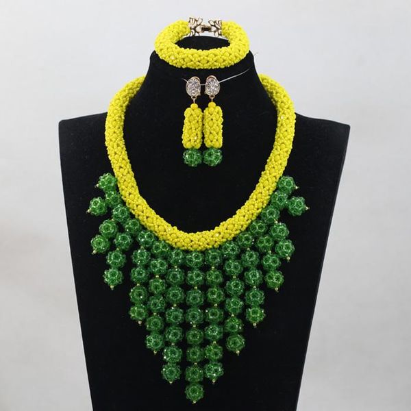 

earrings & necklace fresh yellow crystal add green balls sets nigerian african wedding bridal/women beads jewelry set anj256, Silver