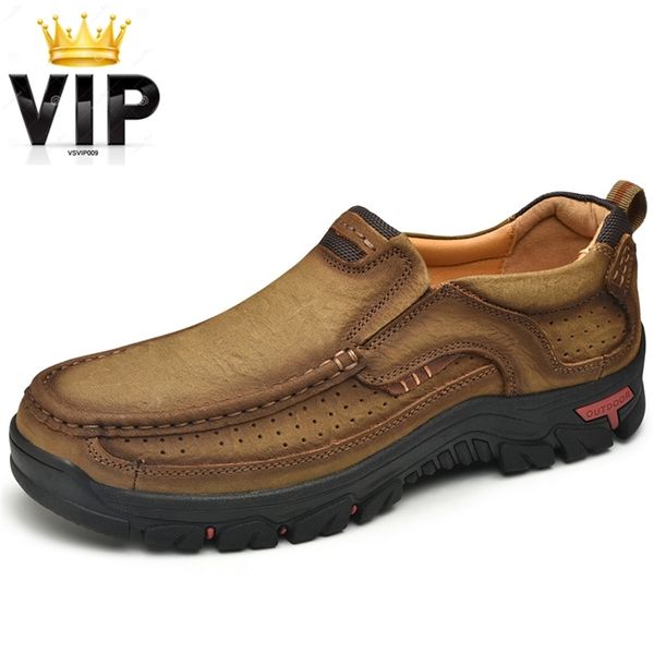 

only for vip, men genuine leather outdoor sneakers vintage boots loafers summer shoes non-slip rubber sole moccasin plus size 48 210820, Black