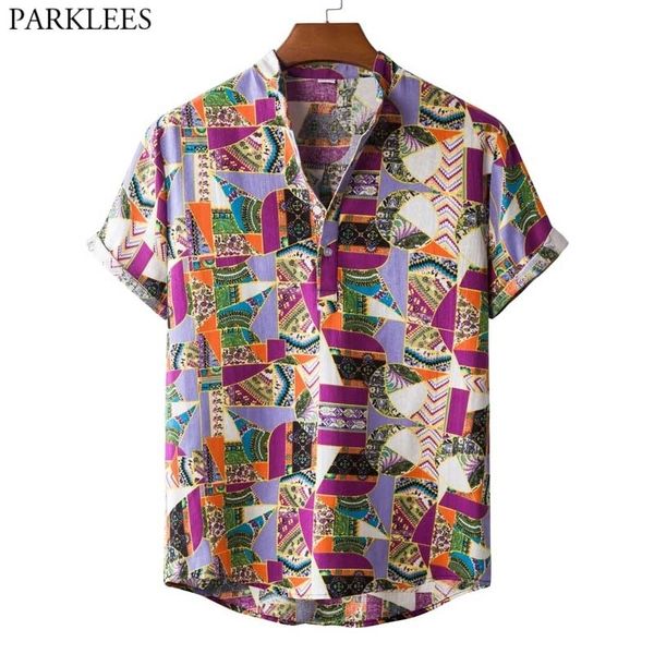 Roxo Dashiki Triball Imprimir África África Camisa havaiana Homens de Verão Manga Curta Top Blusa Casual Botão Down Holiday Beach Wear 210522