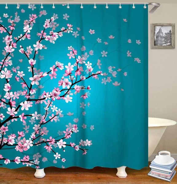 

shower curtains cherry blossom curtain floral durable teal fabric plum flowers bath with 12 hooks bathroom decoration