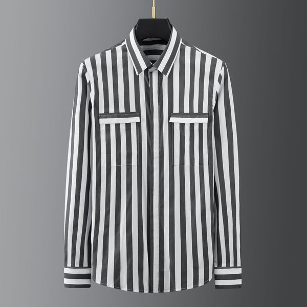 

business shirt deluxe and fashion brand end black and white stripe printing double pocket long sleeve men's casual slim fitting cotton, White;black