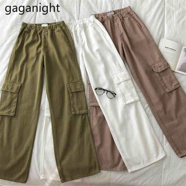 

spring fashion solid big pockets women loose elastic high waist cargo pants streetwear jeans plus size trousers 210601, Blue