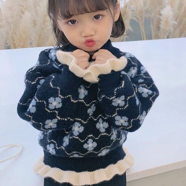 

pullover girls sweater baby's coat outwear 2021 plus velvet thicken warm winter autumn knitting casual cotton children's clothing, Blue