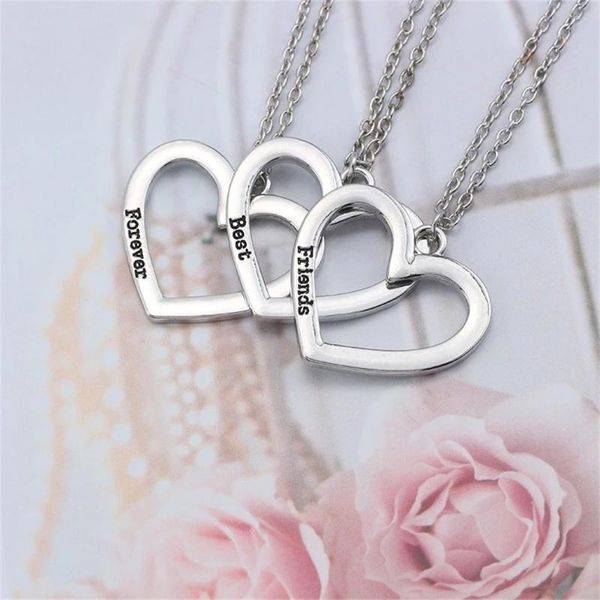 

pendant necklaces 3pcs set friends forever necklace for female heavy metal hollow heart jewelry collar fine, Silver